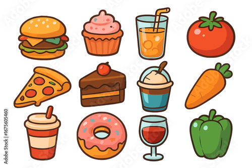 Food icons set. Cartoon vector collection of junk food, drinks, dessert and vegetables. Burger, pizza, cake, donut, juice and soda. Flat design fast food and healthy meal.