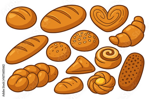 Variety of fresh baked bread and pastry items assortment, cartoon vector illustration with transparent background, bread collection set, bakery goods, baked food icons