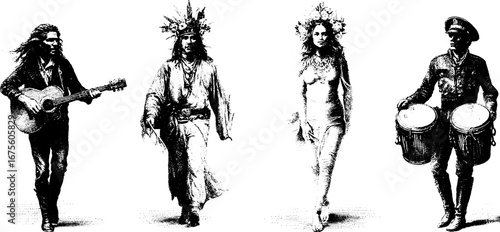 Groovy 1960s hippie engraving design elements collection for retro art