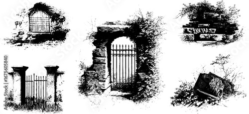 Abandoned city elements collection: vintage engraving of structures and gates