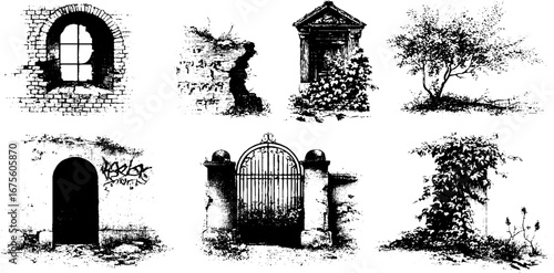 Intricate abandoned city design elements collection for vintage prints and posters