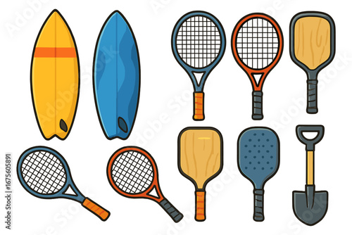 Summer beach sports equipment set. Surfboard, tennis and pickleball racket, paddle, and shovel. Vector cartoon icons for surfing, outdoor activity. Isolated clip art collection.