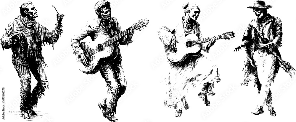 Fototapeta premium Vintage zombie musicians illustration collection for halloween design
