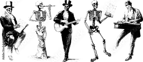 Vintage skeletons in artistic attire: engraving design elements collection for creative projects