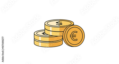 Vector illustration of stacked gold coins with dollar and euro symbols, a concept for global finance, wealth, and currency exchange