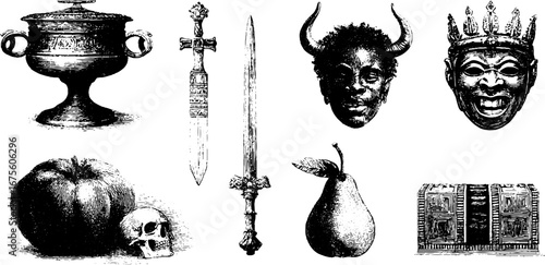 Ashanti kingdom engraving design elements collection for retro label and decoration