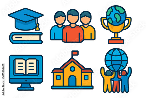 Modern colorful vector icons representing education, teamwork, online learning, school building, global achievement, and collaboration with transparent background, cartoon style
