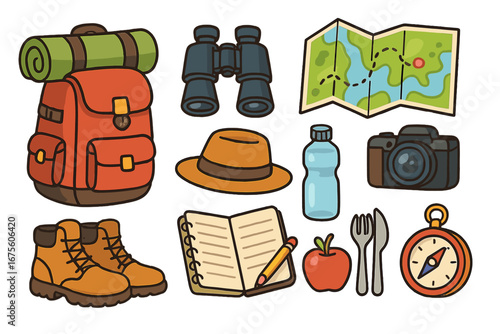 Travel essentials for adventurous outdoor journeys, including backpack, boots, map, compass, camera, water bottle, binoculars, food, and exploration accessories vector cartoon illustration