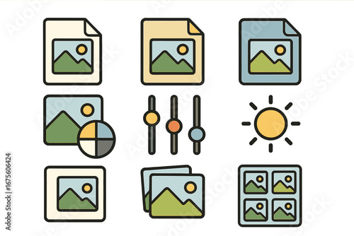 Various icons representing image file formats, photo adjustments, color correction, slider controls, gallery view, and digital content management in vector cartoon style with transparent background