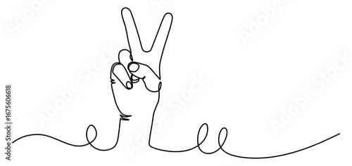 continuous line art of a hand showing two fingers, the index finger and the middle finger. vector illustration