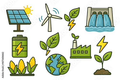 Various Renewable Energy Icons Showcasing Diverse Sustainable Power Sources and Their Environmental Impact with Green Technology and Eco-Friendly Illustrations Vector Cartoon
