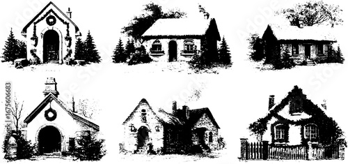 Vintage christmas house facades design elements for holiday card and decor