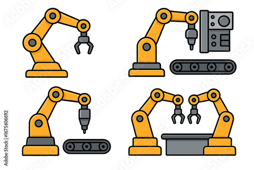 Various robotic arms, conveyor belts, and machine parts symbolizing industrial automation, manufacturing processes, factory robotics, mechanical arms, and modern technology in vector cartoon style