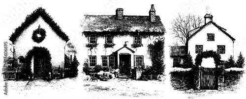 Christmas house facades engraving design for holiday decorations and cards