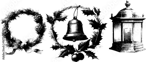 Christmas wreath and lantern still life engraving for holiday design elements