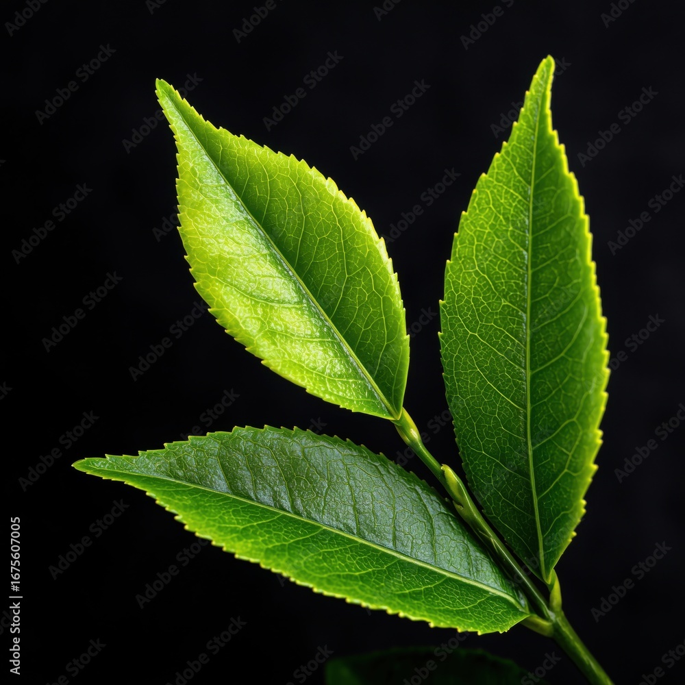 Obraz premium Fresh Green Tea Leaves on Black Background Macro Shot