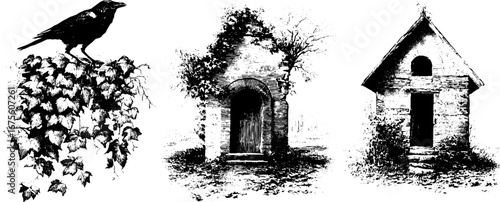 Engraving of abandoned autumn house collection with bird and foliage silhouettes