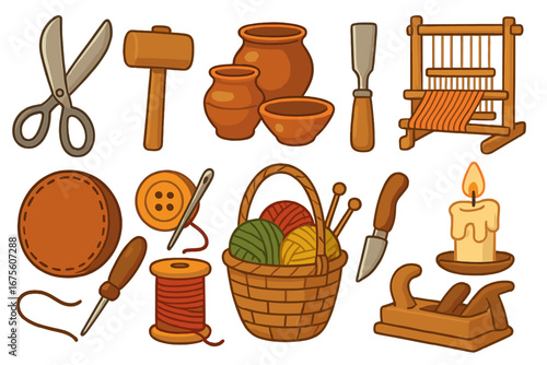 Various Traditional Artisan Tools and Crafts Collection with Pottery, Sewing, Weaving, and Woodworking Elements in Modern Vector Cartoon Style Transparent Background