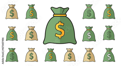 Vector illustration set of green and beige money sacks symbolizing capital, savings, and financial profit