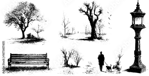 Engraved autumn park scene with trees, bench, and lamppost - hand drawn collection for prints