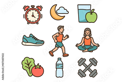 Wellness and fitness icons illustrating healthy living habits and daily activities for an active lifestyle, including exercise, nutrition, hydration, sleep, and mindfulness, vector cartoon set