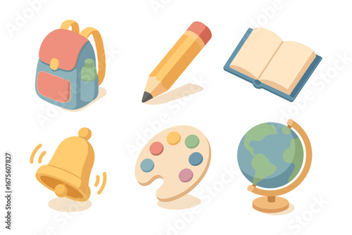 Colorful 3D cartoon-style school icon set with backpack, pencil, book, palette, bell, and globe. Back to school and education concept.