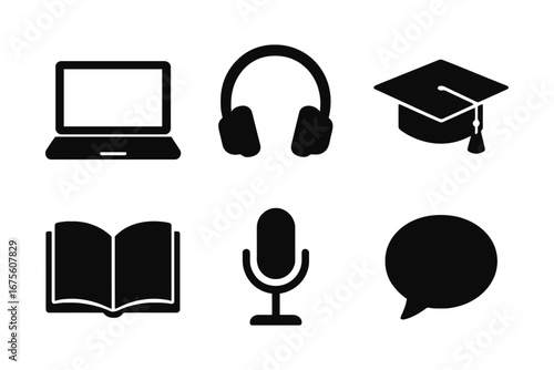 Online education and e-learning icon set with laptop, headphones, graduation cap, book, microphone, and speech bubble. Distance learning and digital study concept.