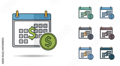 Financial planning icon with calendar and dollar coin symbol. A vector illustration for payment schedules, recurring income, and deadlines