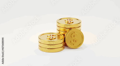 Stack of glistening golden dollar coins symbolizing financial success and wealth accumulation on a clean white background, representing prosperity and investment