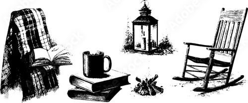 Cozy autumn evening scene with wool blanket, lantern, and rocking chair for seasonal design