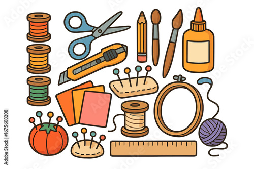 Crafting tools and art supplies set for DIY projects. Sewing, embroidery, and needlework equipment. Scissors, thread, needles, pincushion, glue, ruler, and paintbrushes.