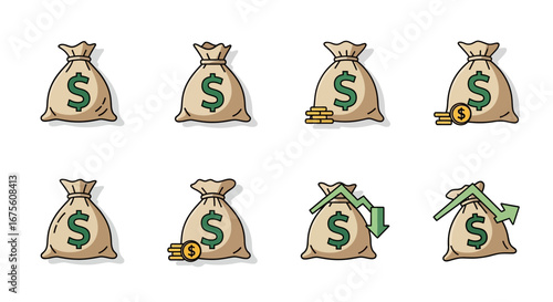 Collection of money bag illustrations depicting various financial scenarios, symbolizing concepts of investment, savings, income, and the fluctuating nature of economic growth and decline