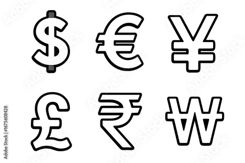 Set of global currency symbols. Vector icon collection with dollar, euro, pound, yen, won, and rupee signs. Concept for finance, money, economy, exchange, and business.
