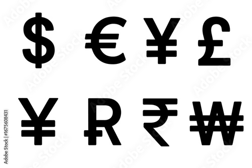 World currency symbols vector icon set. Black signs for Dollar, Euro, Yen, Pound, Rupee, Won, Rand. Global finance, money, foreign exchange concept. Isolated illustration.