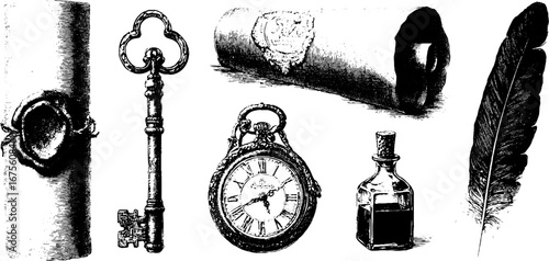 Vintage engraving design elements collection featuring antique keys, scrolls, and quill