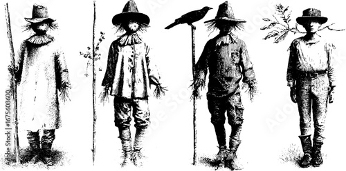 Vintage autumn scarecrow collection for seasonal design and decorative elements