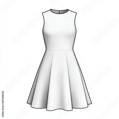 Simple sleeveless fit and flare a line dress design sketch isolated on white background
