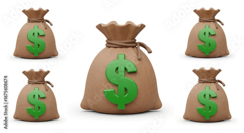 Three Brown Money Bags with Green Dollar Signs Representing Wealth and Finance