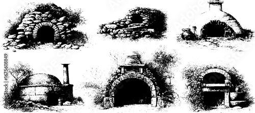 Vintage engraving collection of rustic bread ovens for culinary design