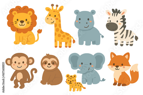 Cute safari animals set. Cartoon vector collection of jungle characters: lion, giraffe, zebra, elephant, hippo, monkey, sloth, fox, leopard. Adorable zoo animal design for kids.