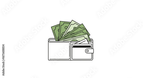 Illustration of a wallet with cash and a credit card, symbolizing financial management and personal finance concepts