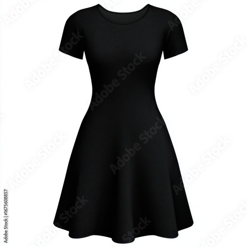 Elegant short sleeve black skater dress with a flared skirt isolated on white background