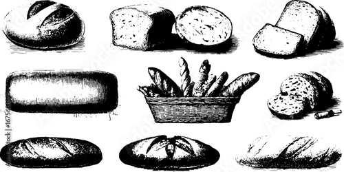Vintage engraved collection of bread elements for design and decoration