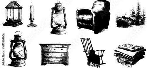 Vintage engraving collection of candle lanterns, furniture, and landscapes for retro design