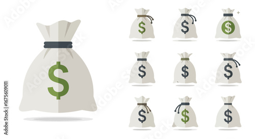 Collection of stylized money bags with dollar symbols, representing wealth and financial gain