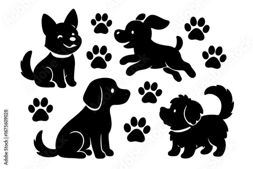 Set of cute dog and puppy silhouettes. Collection of black playful pet icons with paw prints. Vector graphic element for veterinary, pet shop, or animal care logo design.