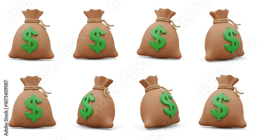 Money Bags Collection Isolated Brown Sacks with Green Dollar Signs