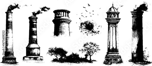 Vintage chimney engravings collection for retro design and decoration