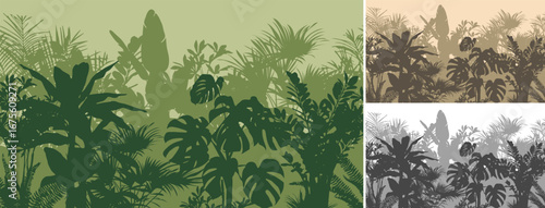 set of seamless horizontal pattern with tropical plants. Vector illustration