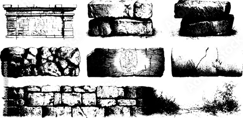Vintage cobblestone and brick engraving design elements collection for retro art and decoration
